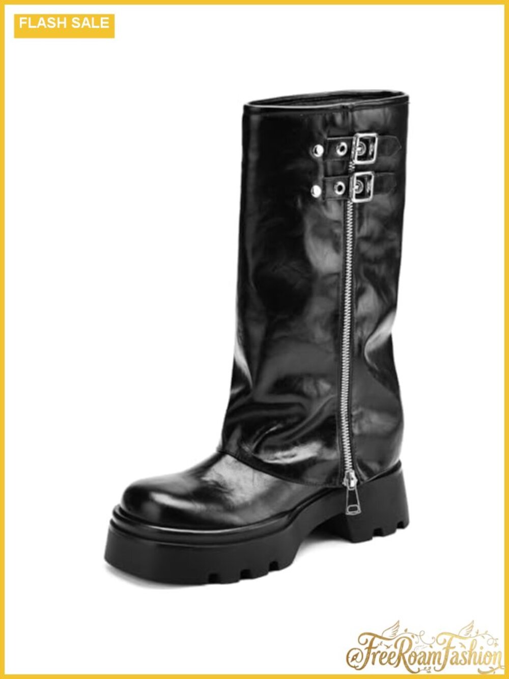 Faux Leather Knee High Moto Riding Boots Fold Over Block Heel Platform